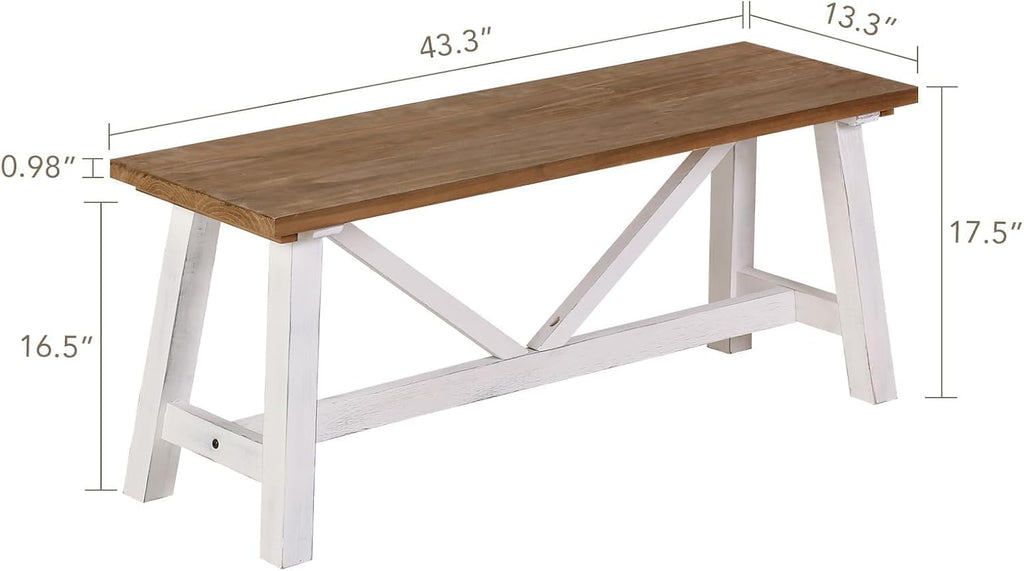 43 Inch White Farmhouse Solid Wood Bench