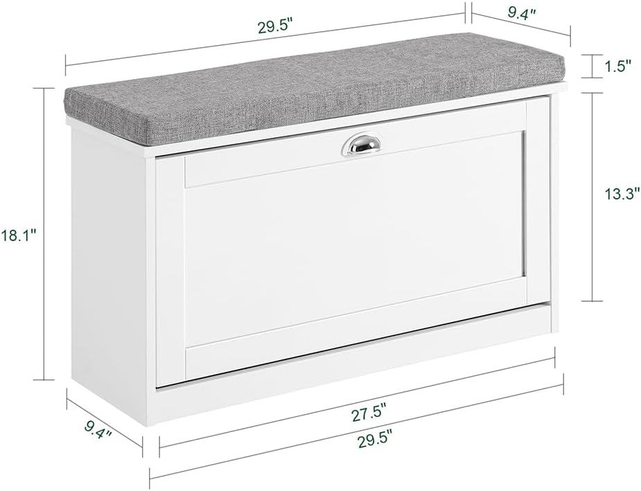 White Small Cushioned Flip Drawer Shoe Bench
