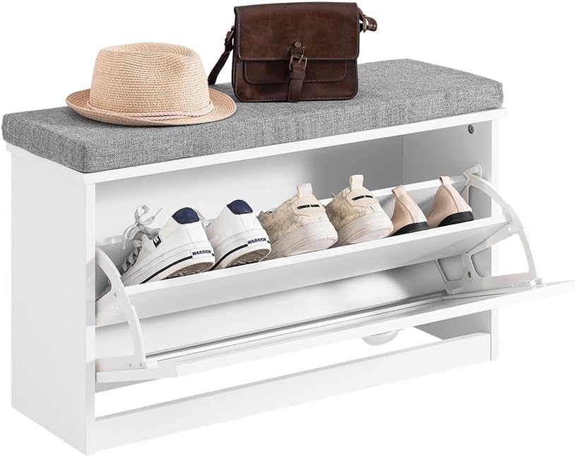 White Small Cushioned Flip Drawer Shoe Bench
