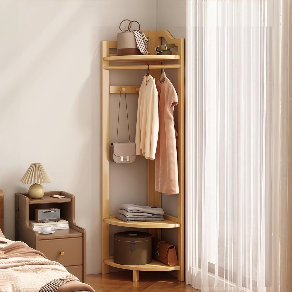 Natural Wood Corner Coat Rack Shelves