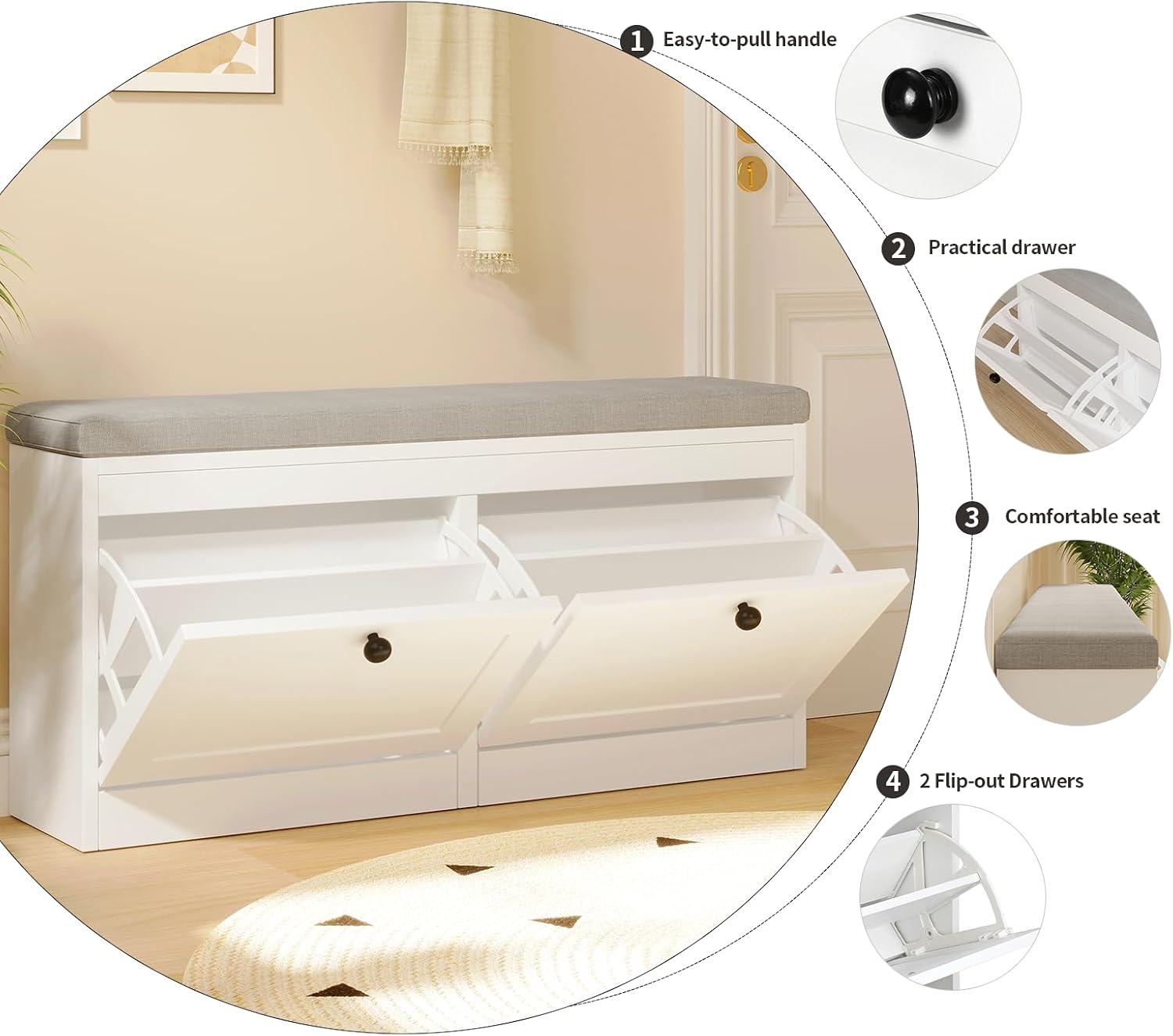 White Flip Drawer Storage Shoe Bench