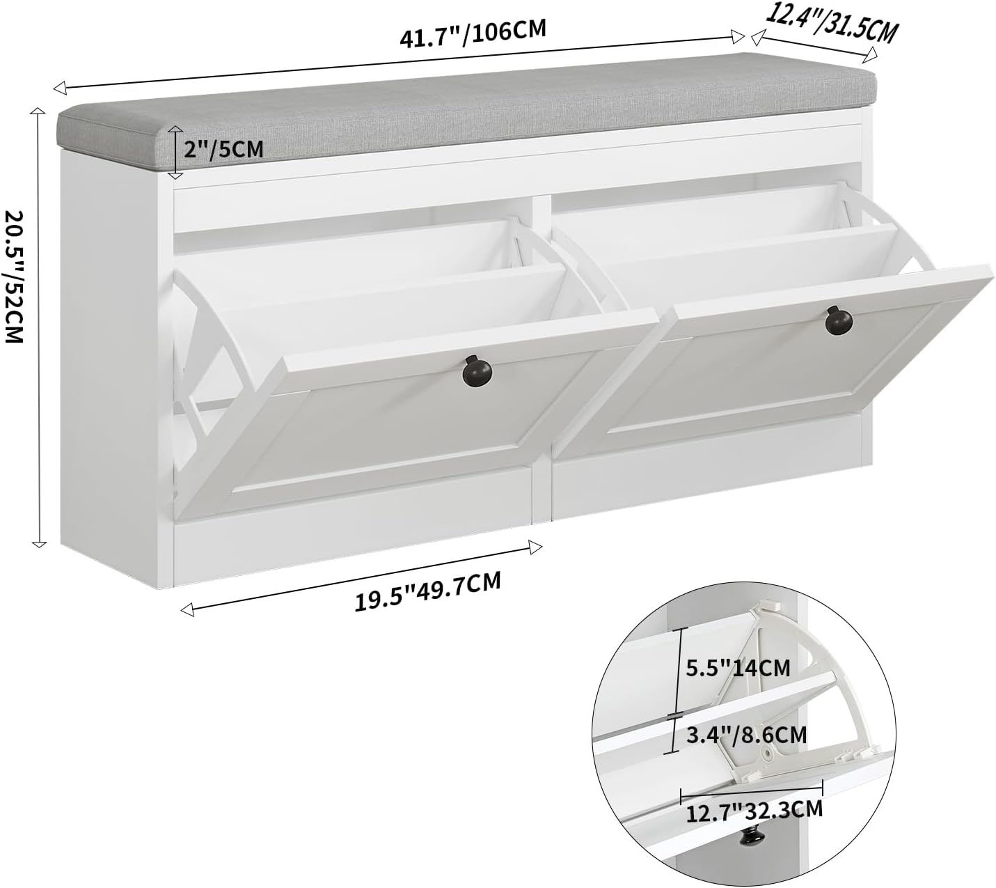 White Flip Drawer Storage Shoe Bench