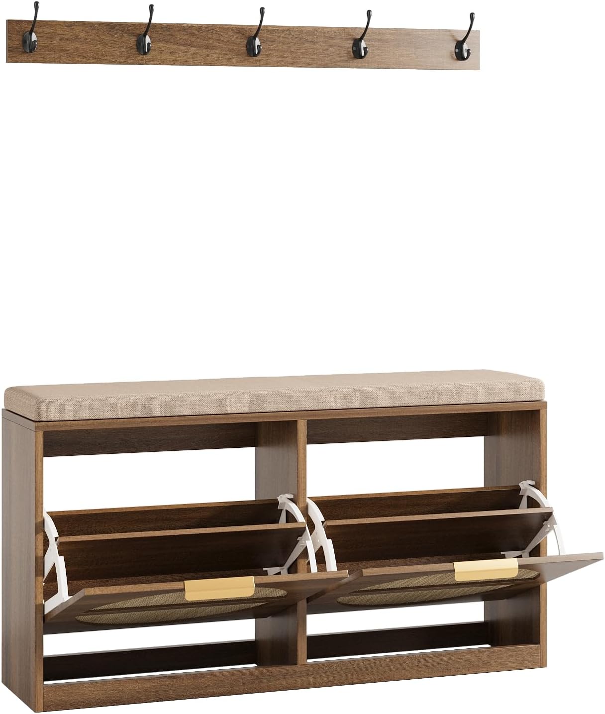 Rustic Oak Rattan Hall Tree Shoe Bench