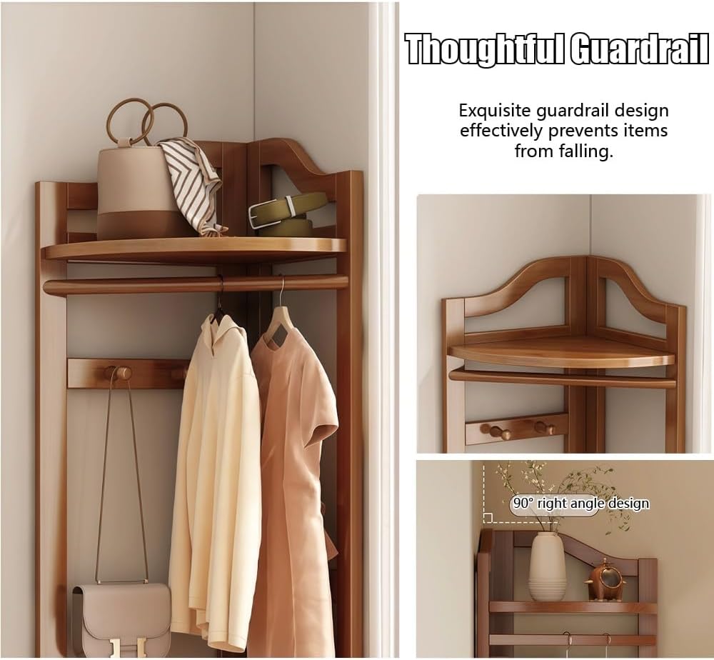 Natural Wood Corner Coat Rack Shelves