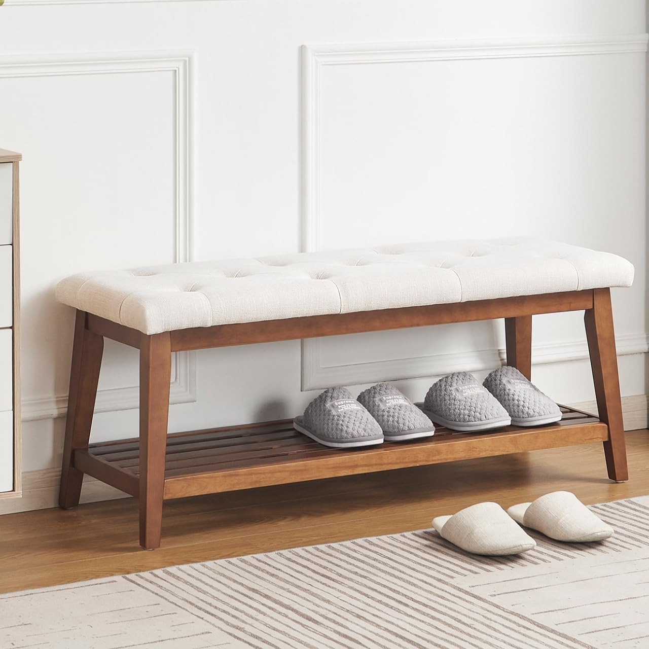 Beige Padded Wood Leg Storage Bench
