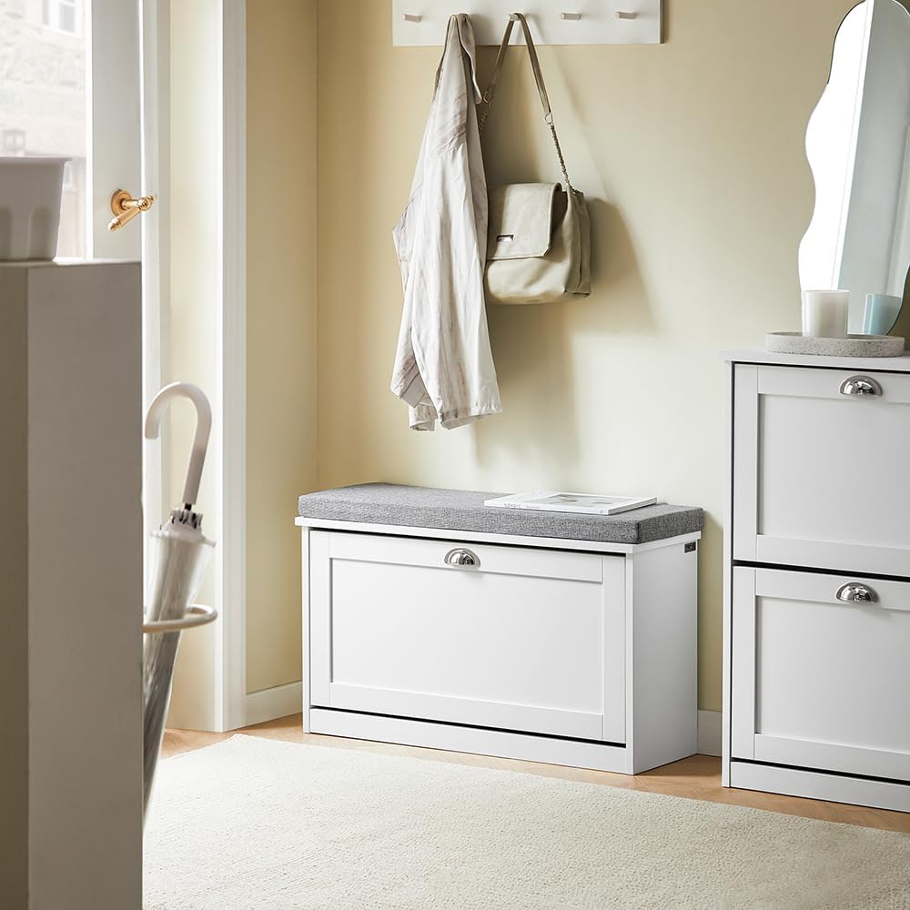 White Small Cushioned Flip Drawer Shoe Bench