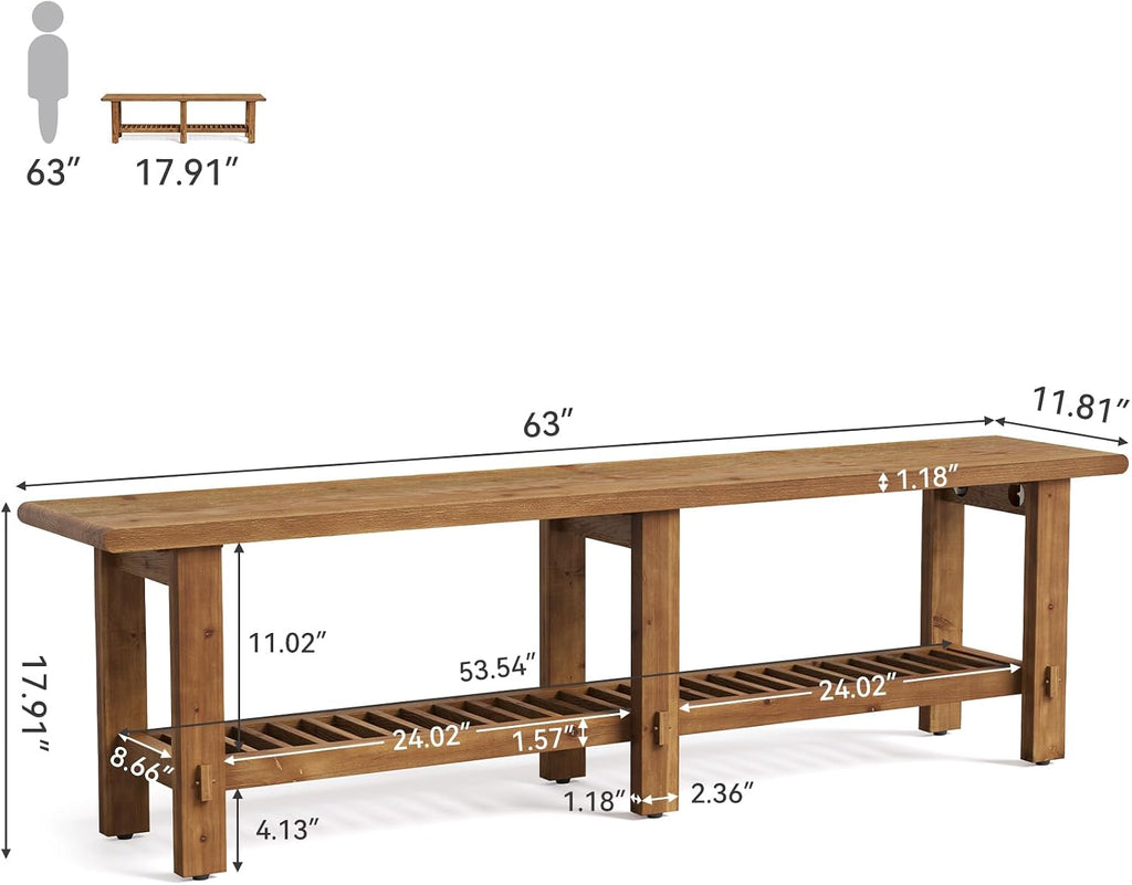 63" Brown Farmhouse Storage Shoe Bench