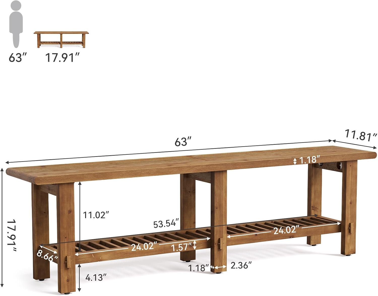 63" Brown Farmhouse Storage Shoe Bench