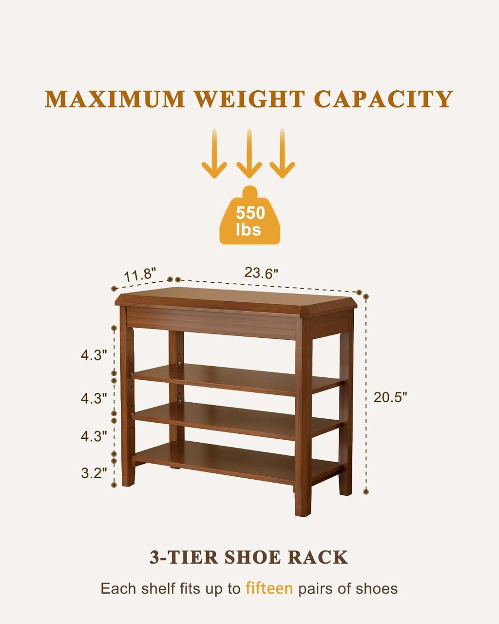 Mid-Century Rubberwood 3-Tier Shoe Bench