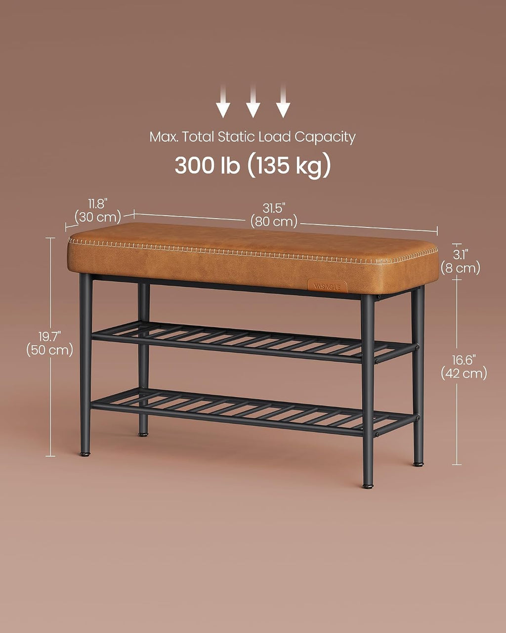Caramel Brown Mid-Century Leather Shoe Bench