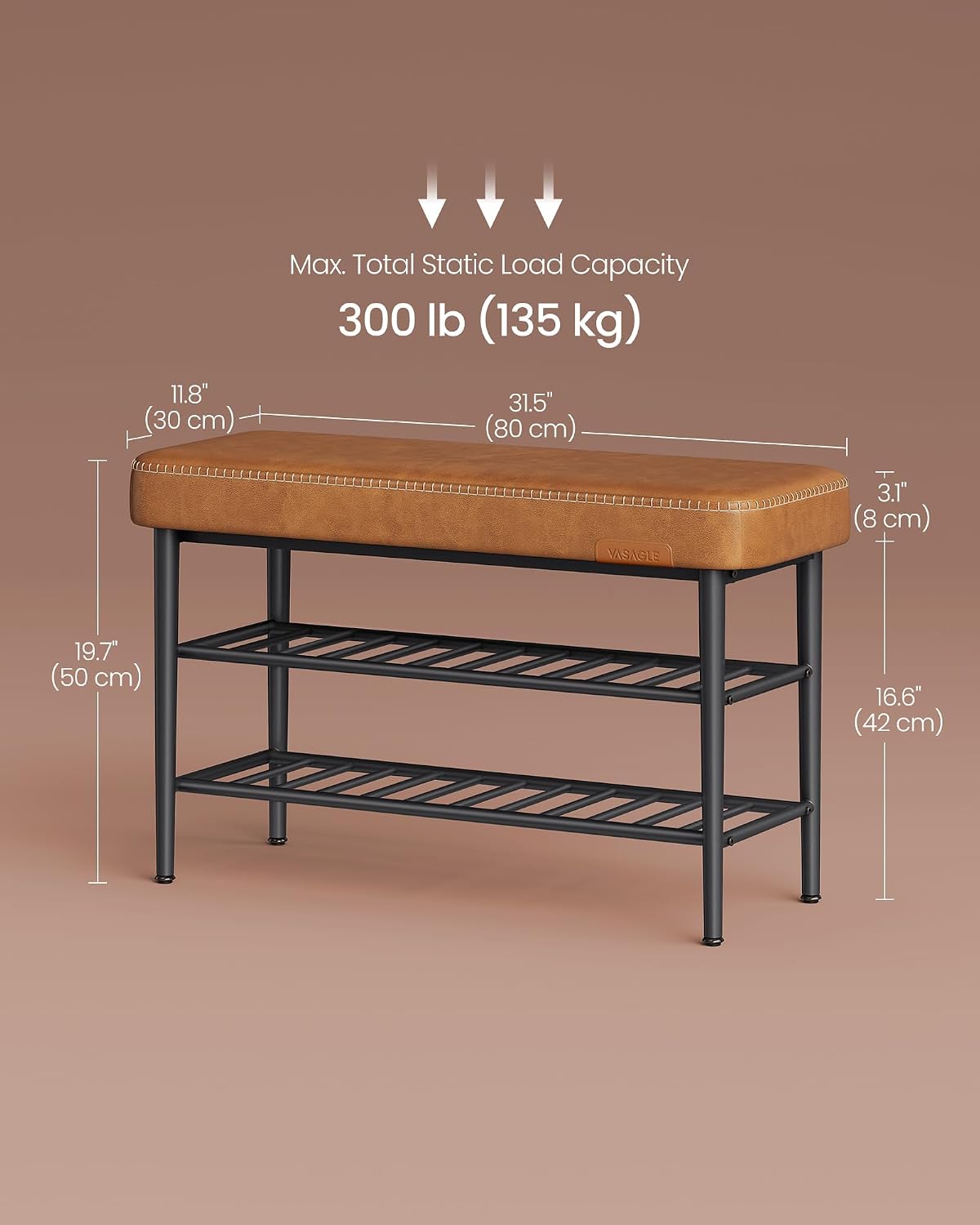 Caramel Brown Mid-Century Leather Shoe Bench
