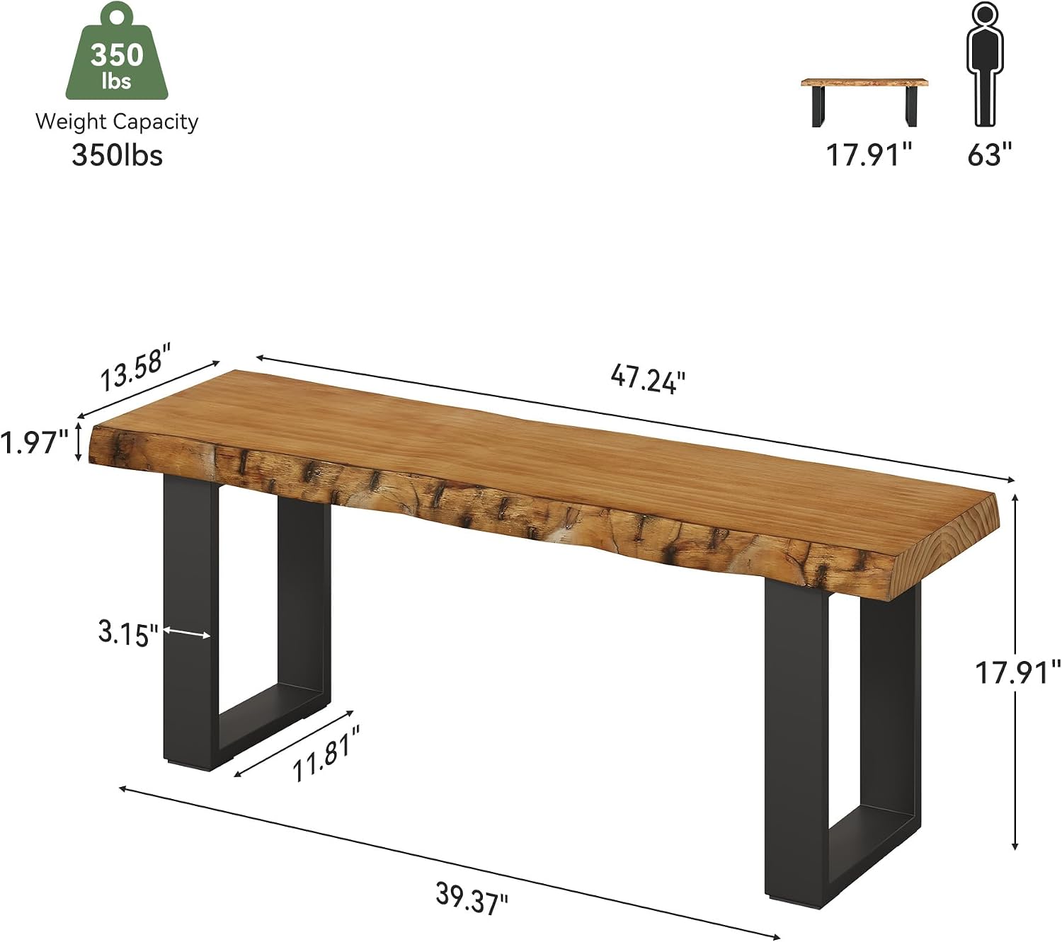 47 Inch Industrial Wood Shoe Bench with Metal Legs