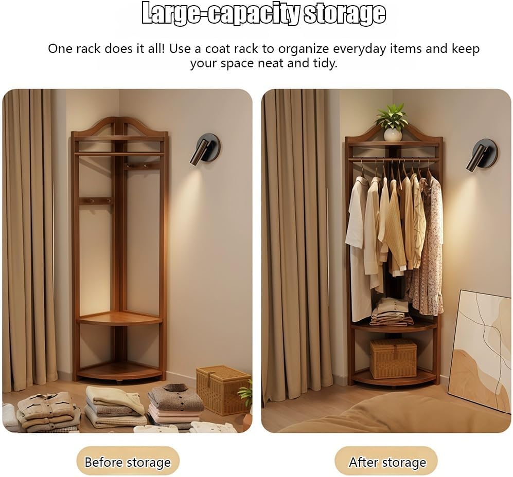 Natural Wood Corner Coat Rack Shelves