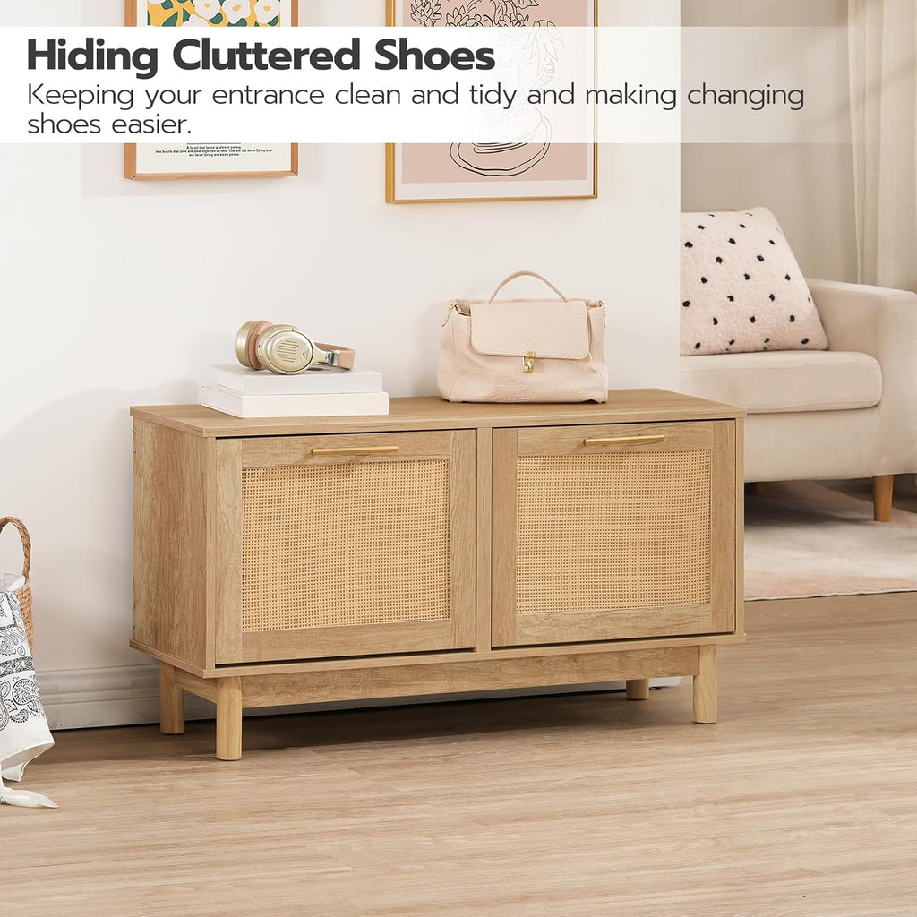 Natural Rattan Flip Drawer Shoe Storage Bench