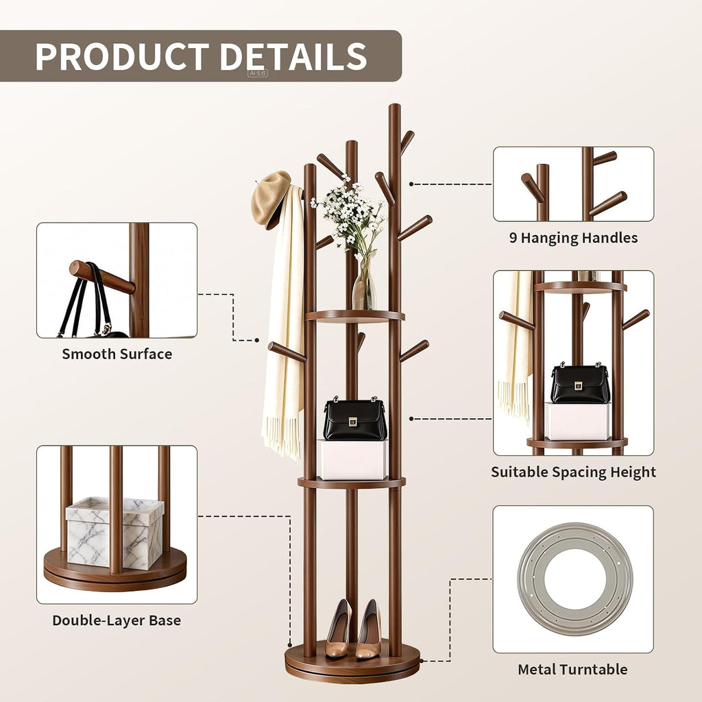 Walnut Wood Rotary Coat Rack Stand