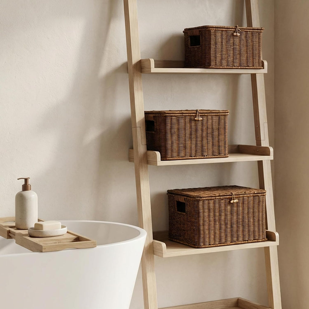 Brown Stackable Plastic Wicker Baskets with Lids