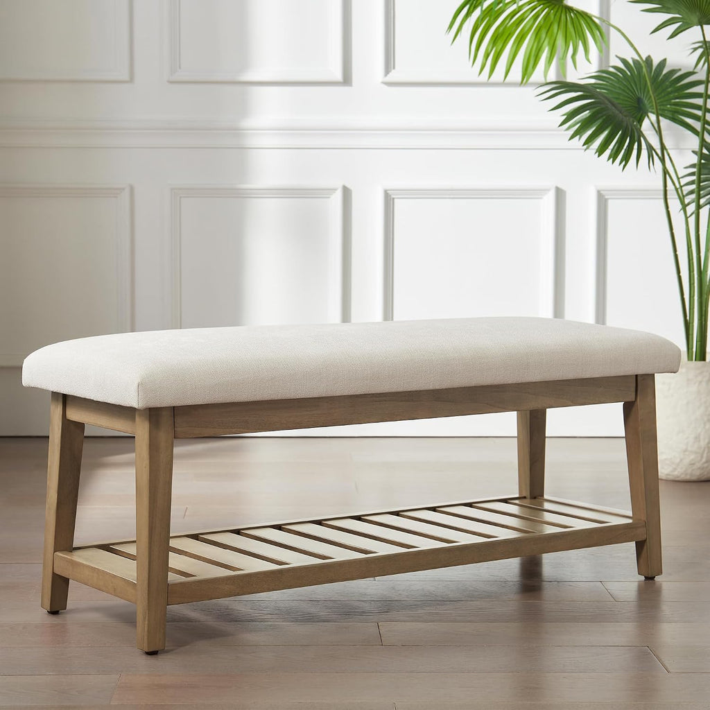 Beige Chenille Storage Shoe Bench