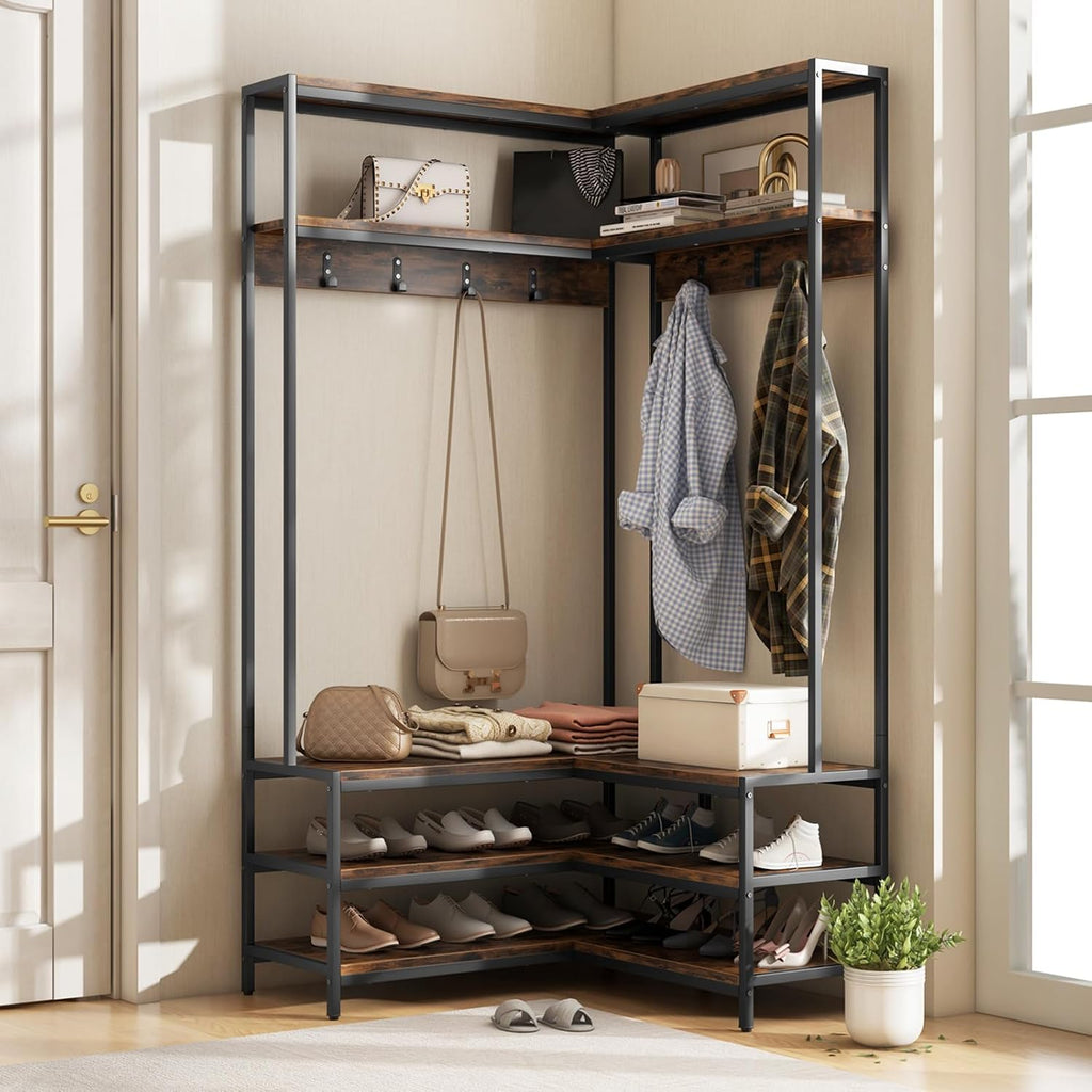 70" Brown Corner Hall Tree Bench Storage Rack