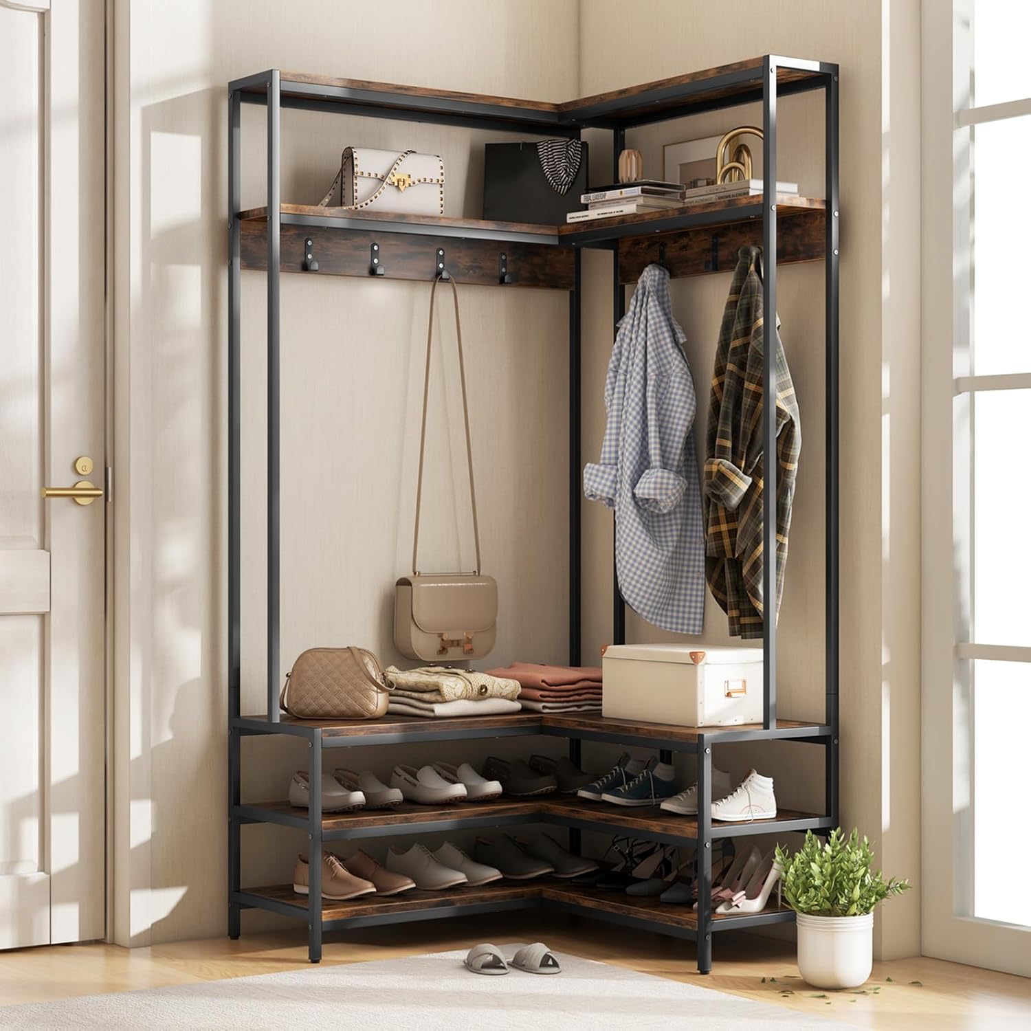 70" Brown Corner Hall Tree Bench Storage Rack