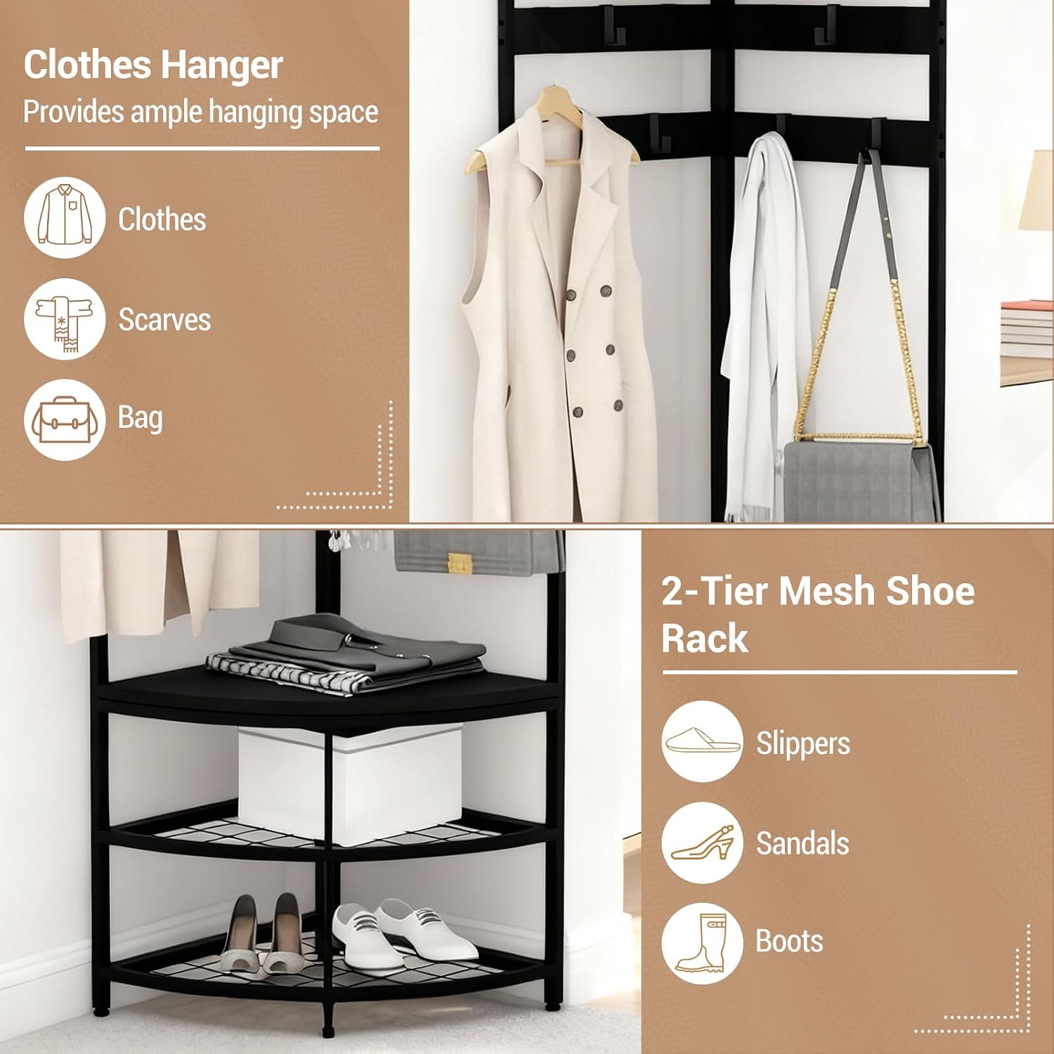 Black Metal Corner Hall Tree Rack