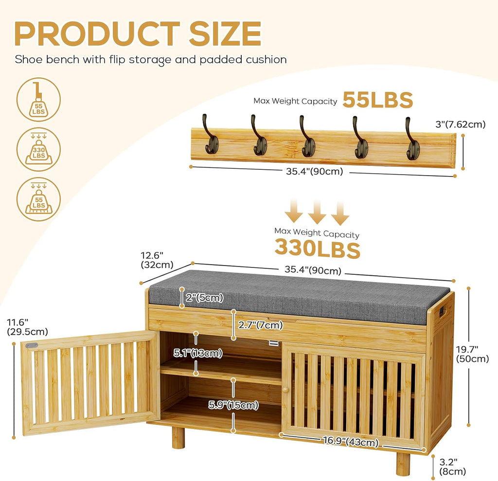Bamboo Hall Tree Shoe Bench with Hooks