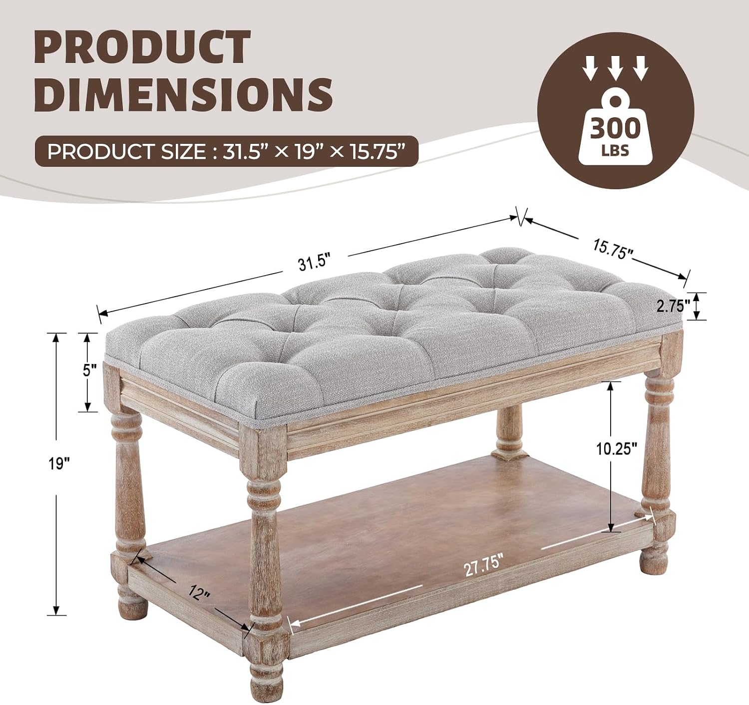 Gray Tufted 1-Seat Storage Shoe Bench