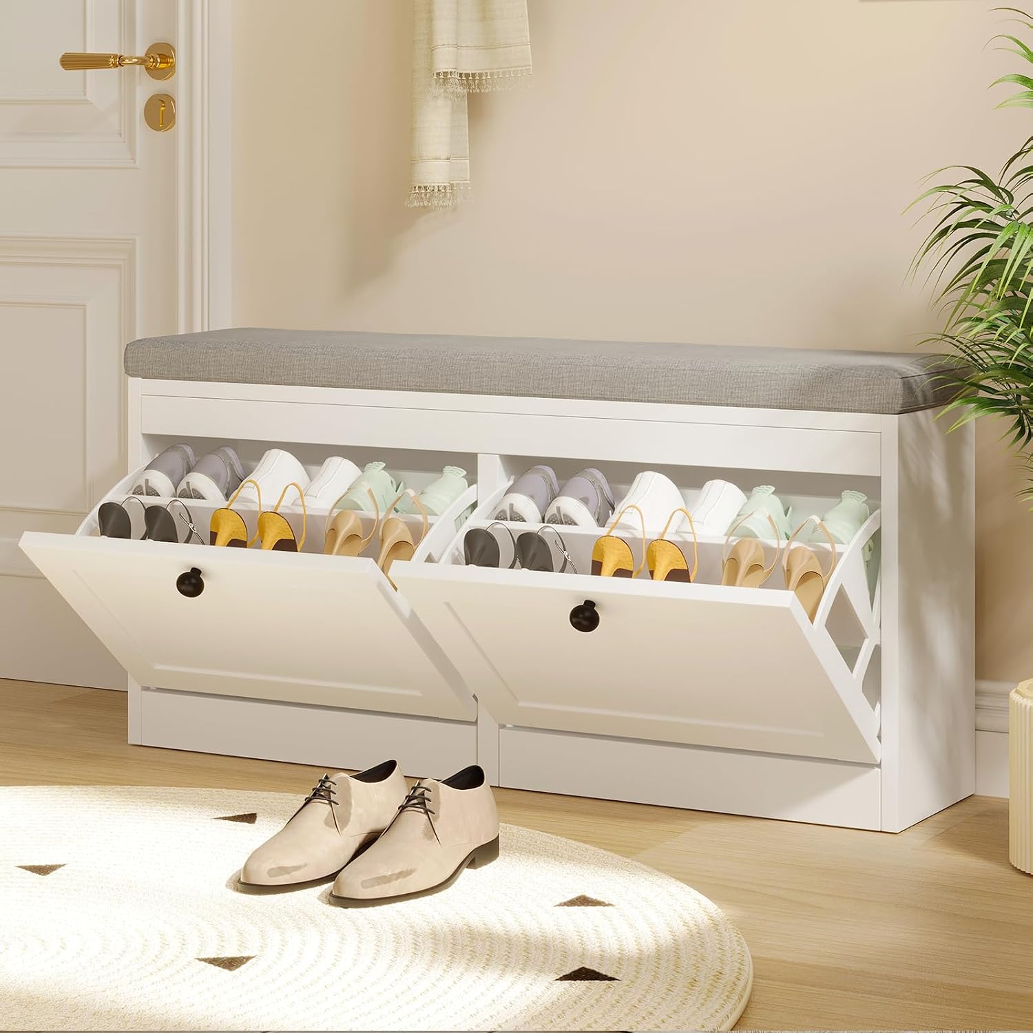 White Flip Drawer Storage Shoe Bench