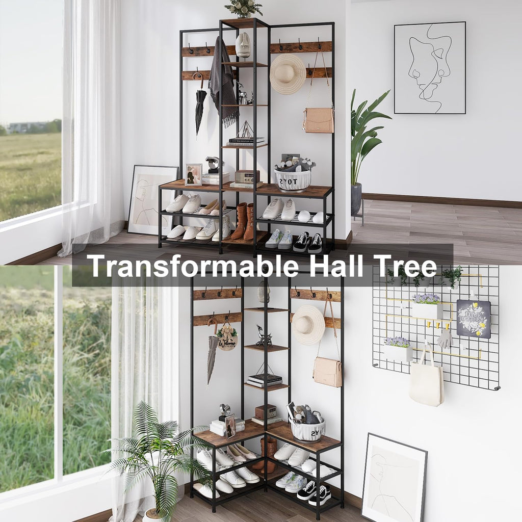Rustic Brown 5-in-1 Corner Hall Tree Bench