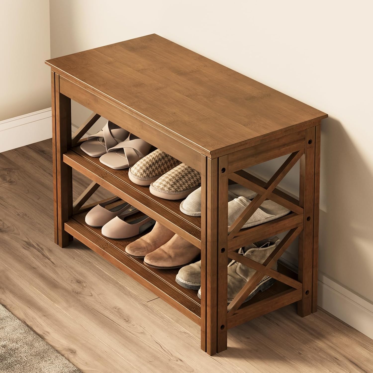 23.6" X-Brown 3-Tier Bamboo Shoe Bench