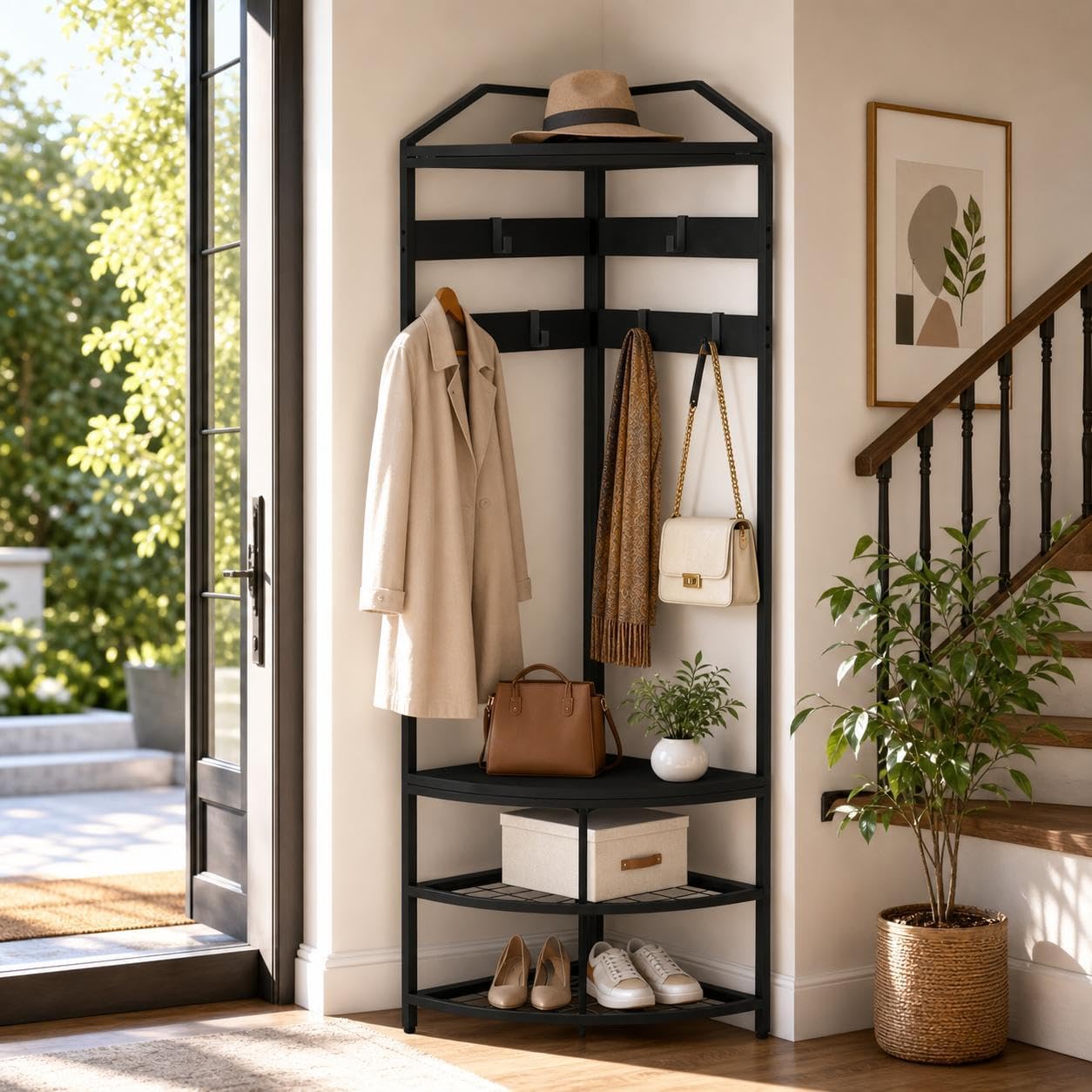 Black Metal Corner Hall Tree Rack