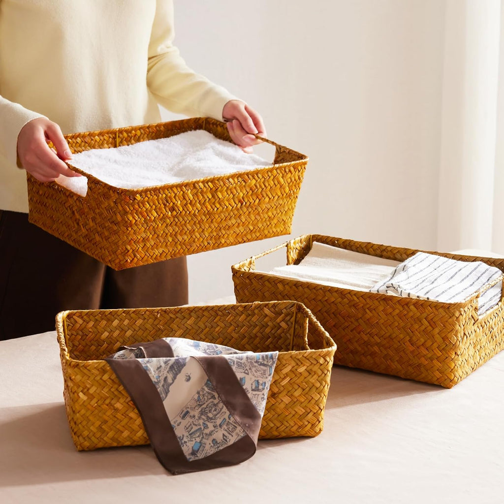 3 Pack Stackable Natural Wicker Baskets