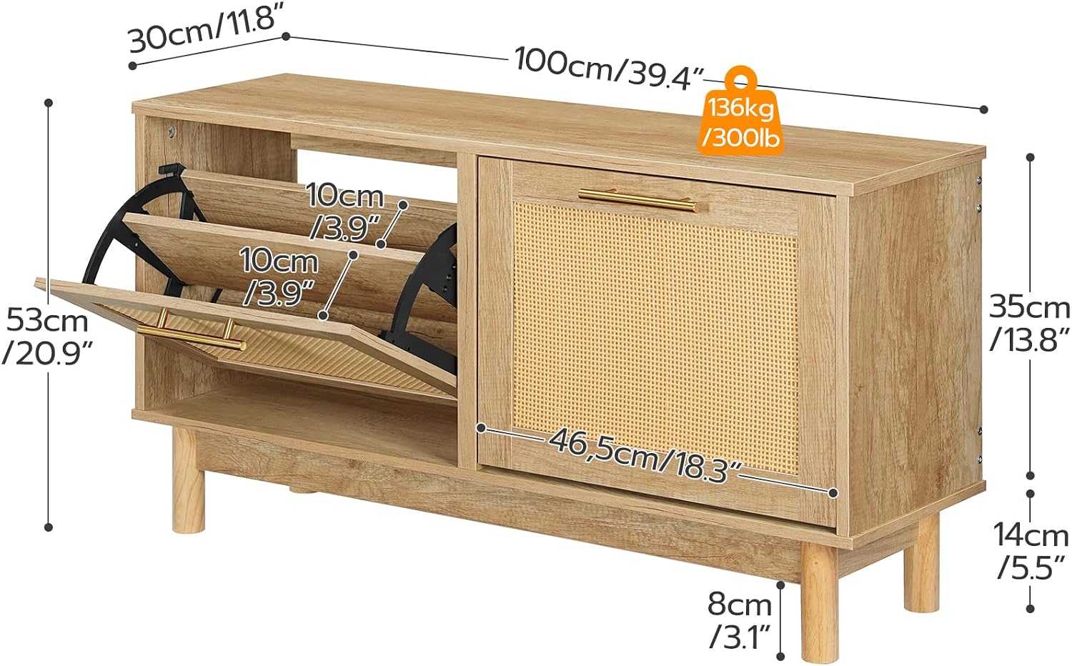 Natural Rattan Flip Drawer Shoe Storage Bench