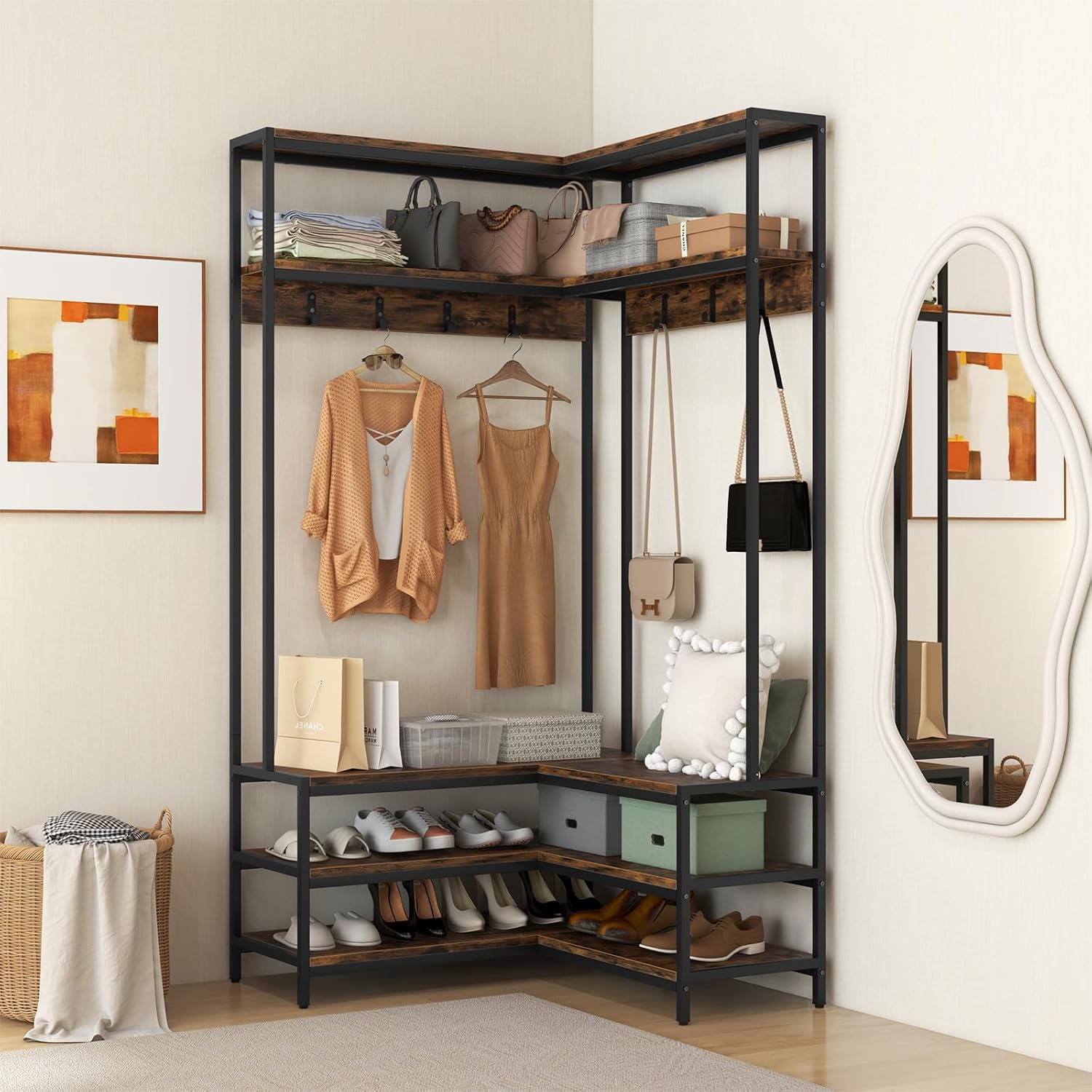70" Brown Corner Hall Tree Bench Storage Rack