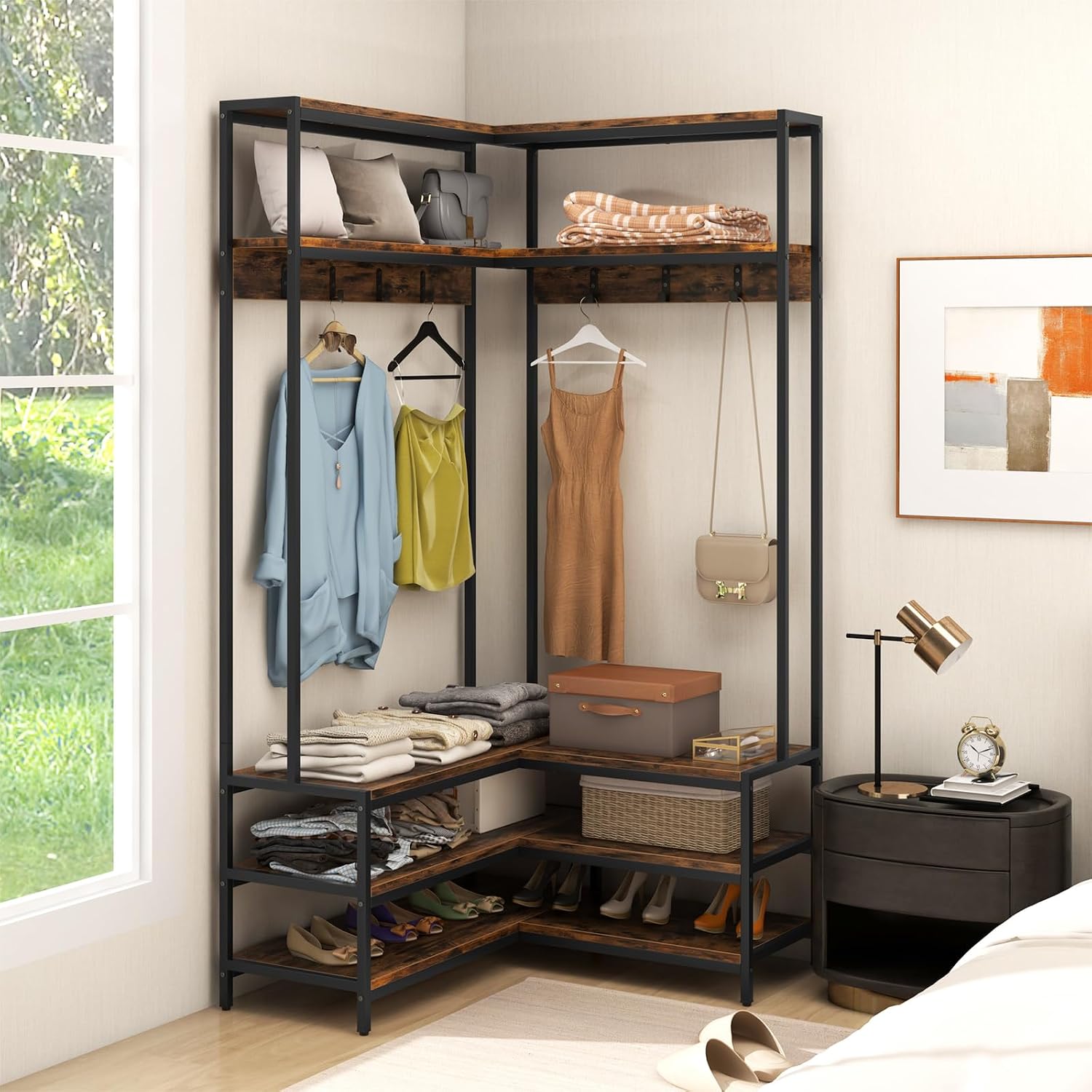 70" Brown Corner Hall Tree Bench Storage Rack