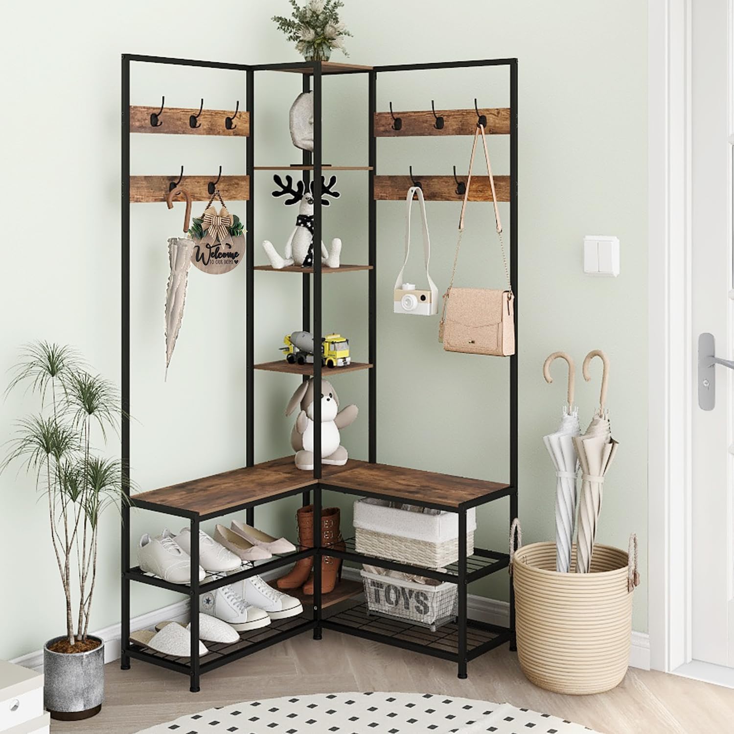 Rustic Brown 5-in-1 Corner Hall Tree Bench