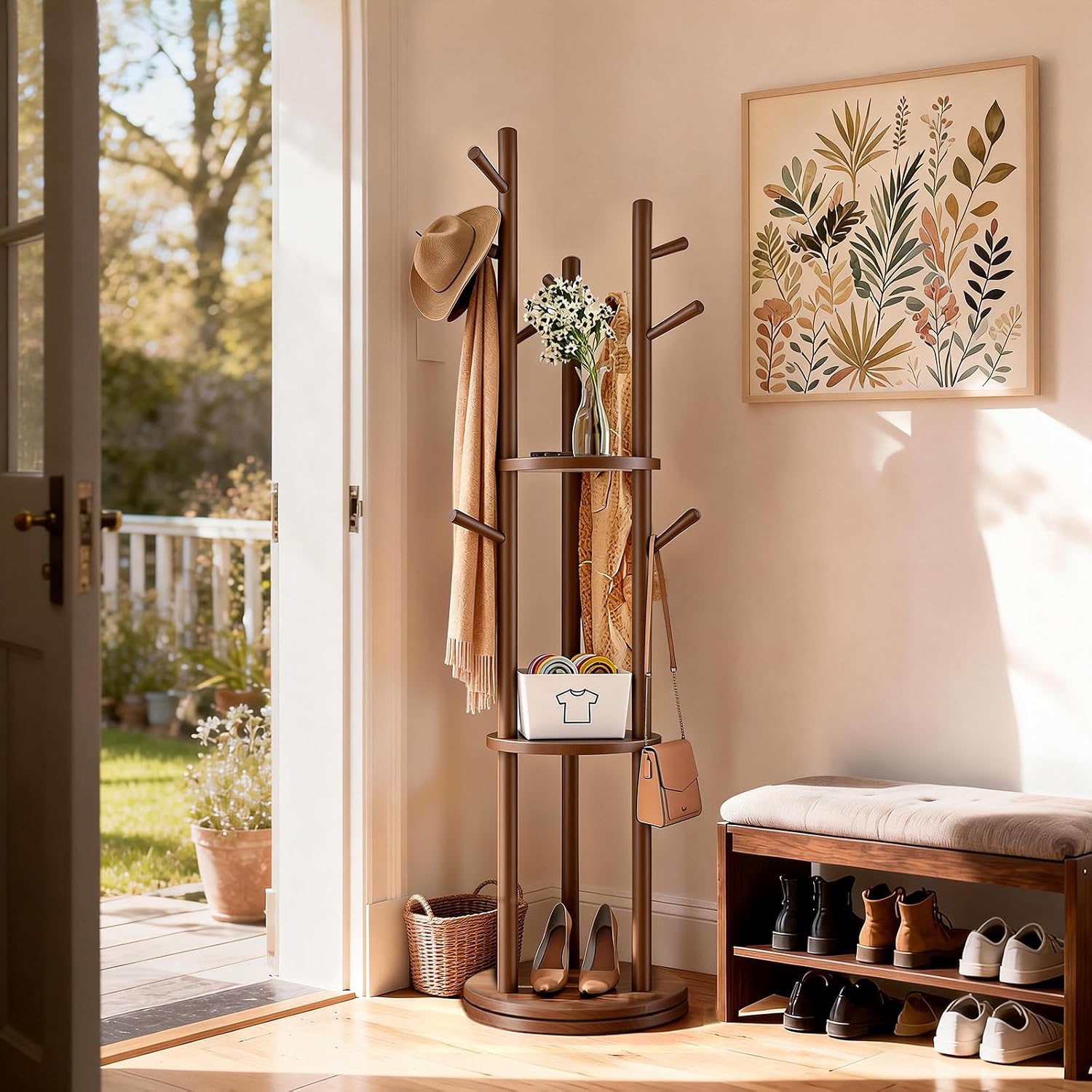 Walnut Wood Rotary Coat Rack Stand