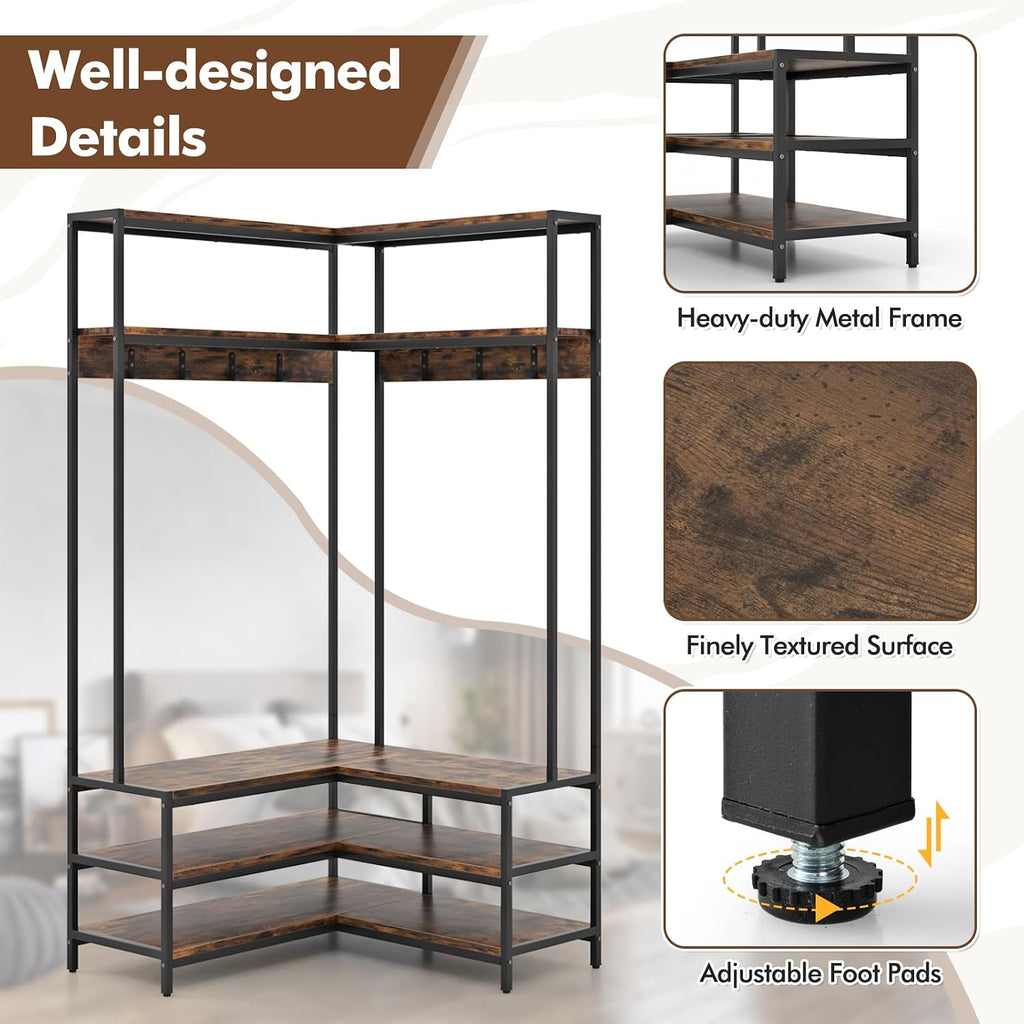 70" Brown Corner Hall Tree Bench Storage Rack