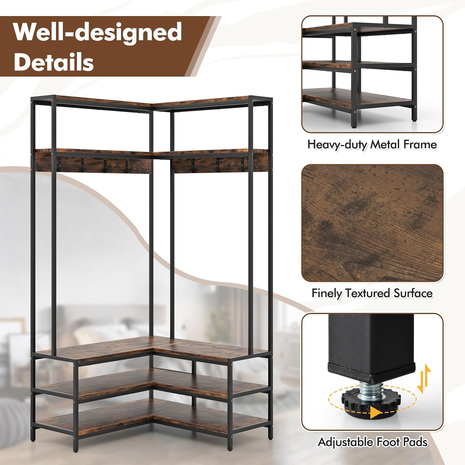 70" Brown Corner Hall Tree Bench Storage Rack