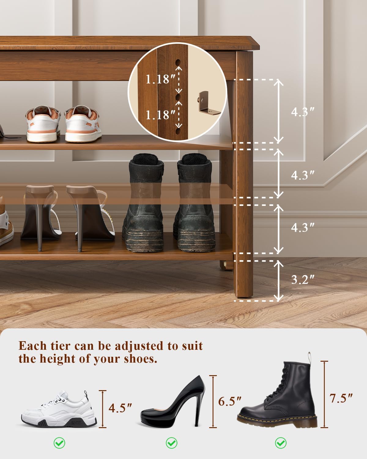 Mid-Century Rubberwood 3-Tier Shoe Bench
