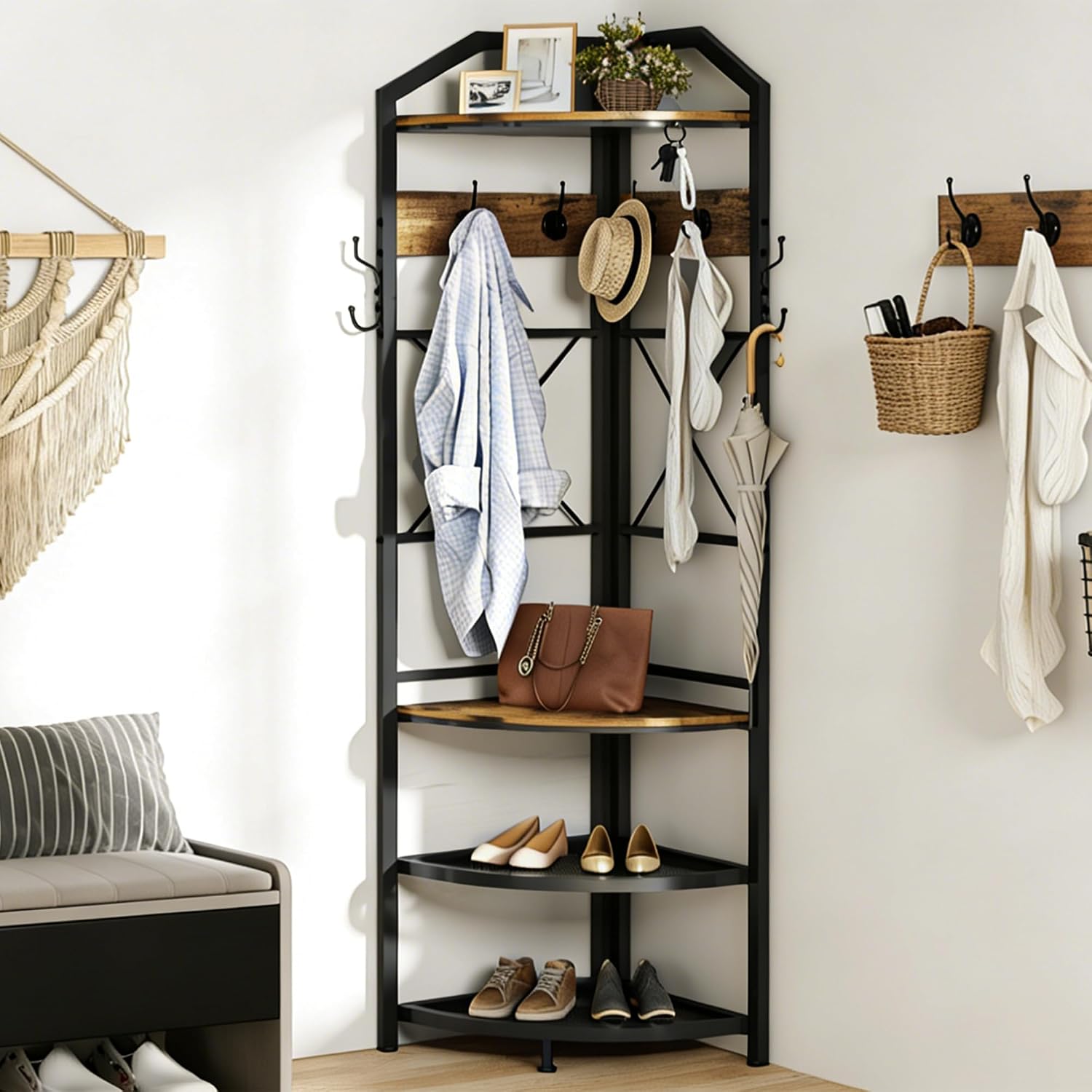 Brown Hall Tree Bench Coat Storage Rack