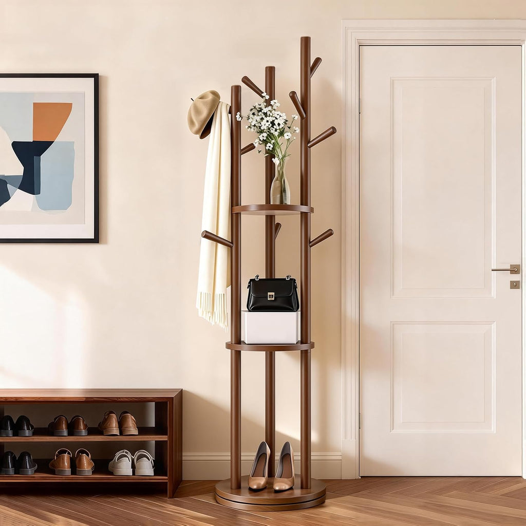 Walnut Wood Rotary Coat Rack Stand