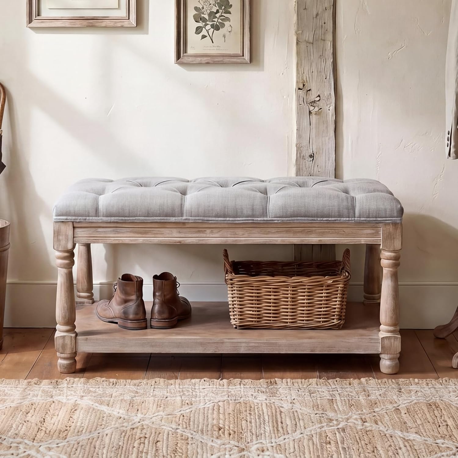 Gray Tufted 1-Seat Storage Shoe Bench