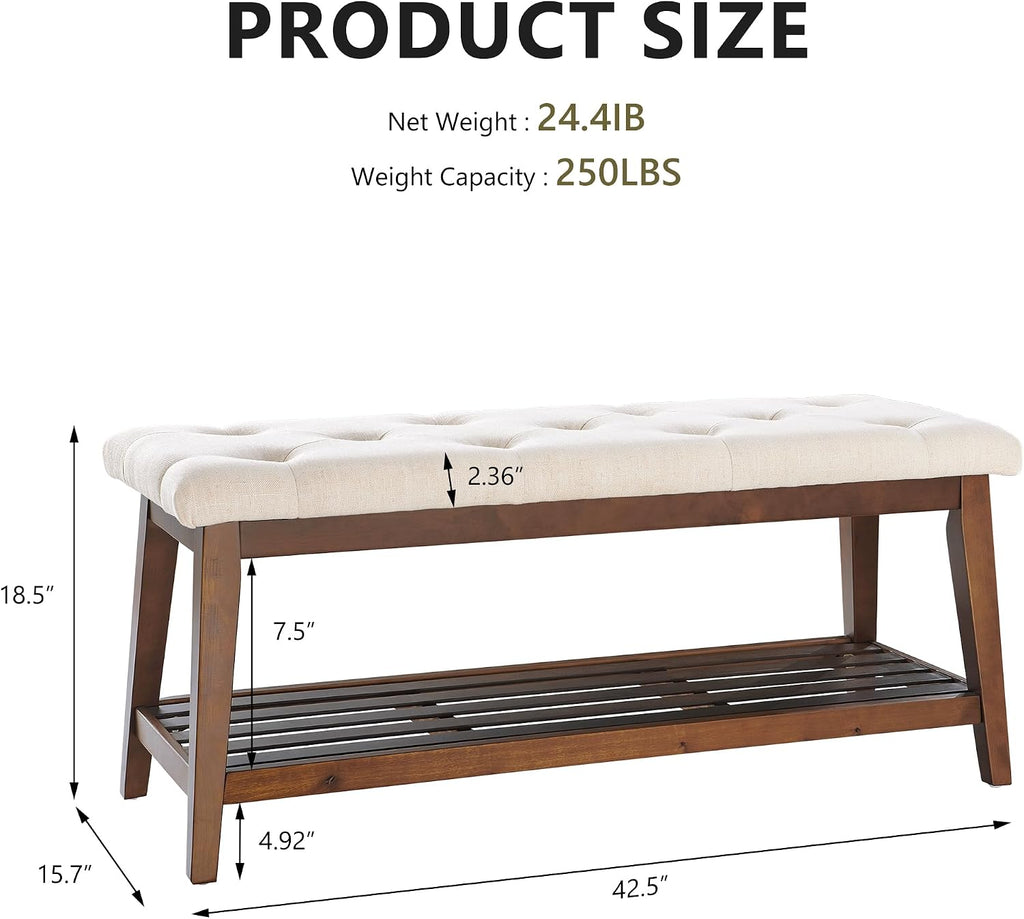 Beige Padded Wood Leg Storage Bench