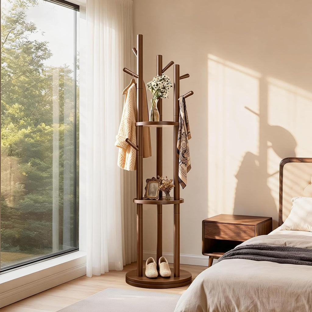 Walnut Wood Rotary Coat Rack Stand