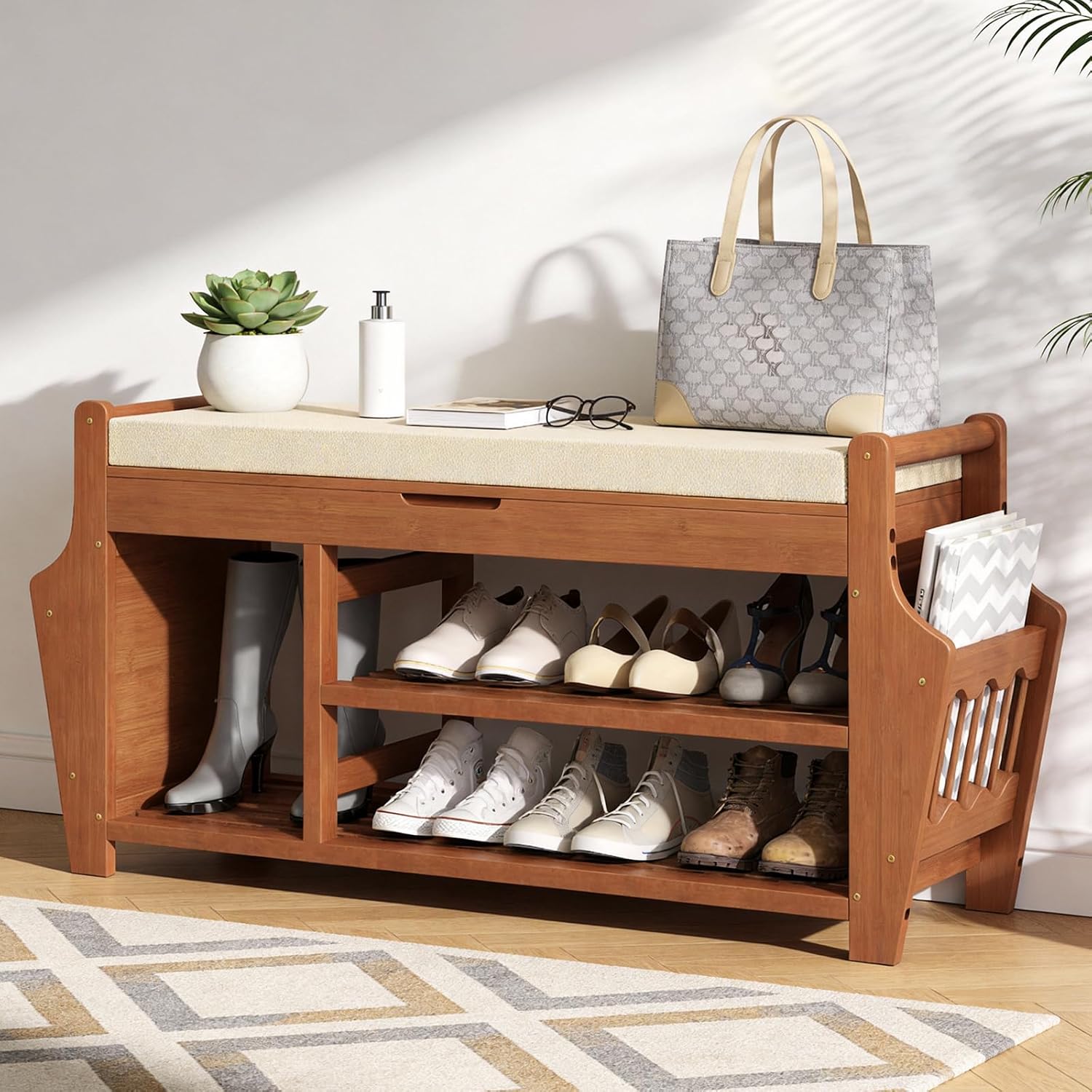 Bamboo Cushioned 3-Tier Entryway Shoe Bench