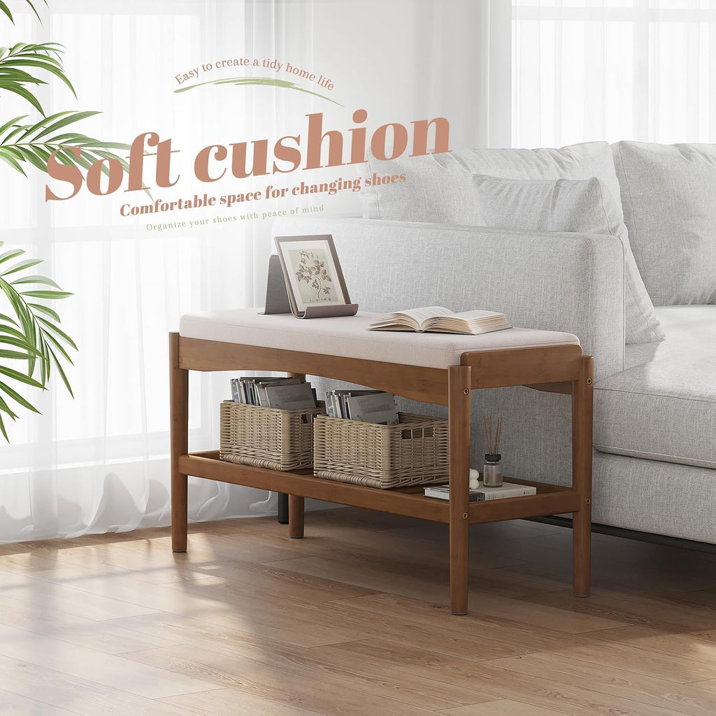 Brown Bamboo 2-Tier Cushioned Shoe Bench