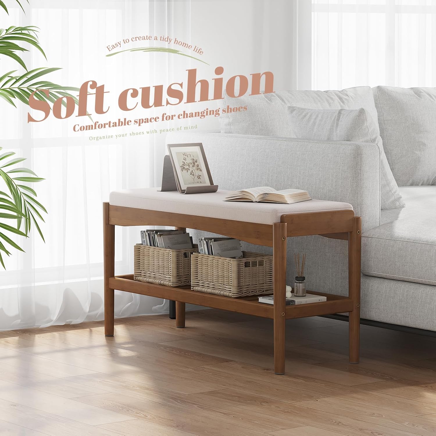 Brown Bamboo 2-Tier Cushioned Shoe Bench