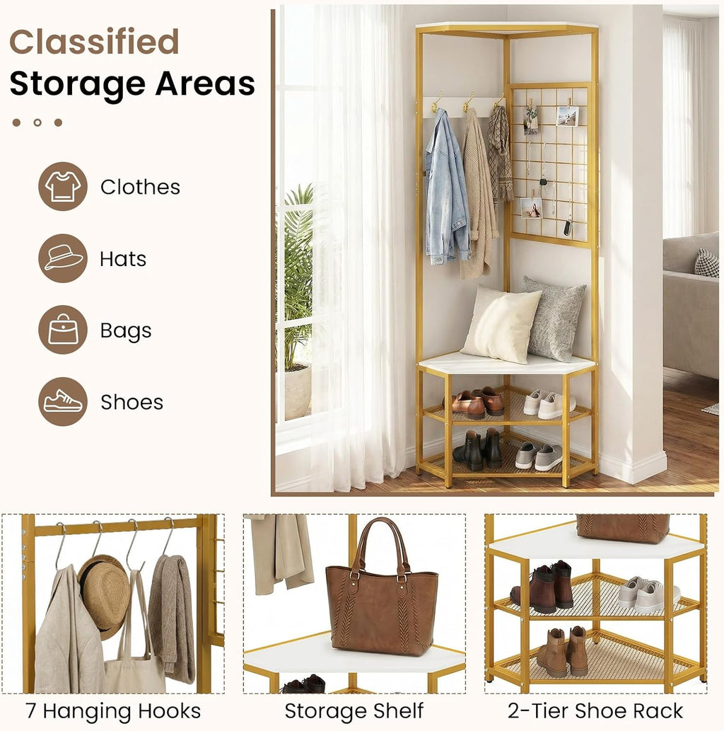 Corner Hall Tree Bench Shoe Storage Rack
