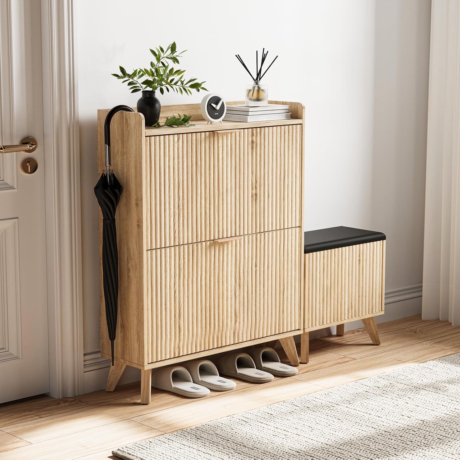 Fluted L-Shaped Storage Shoe Bench