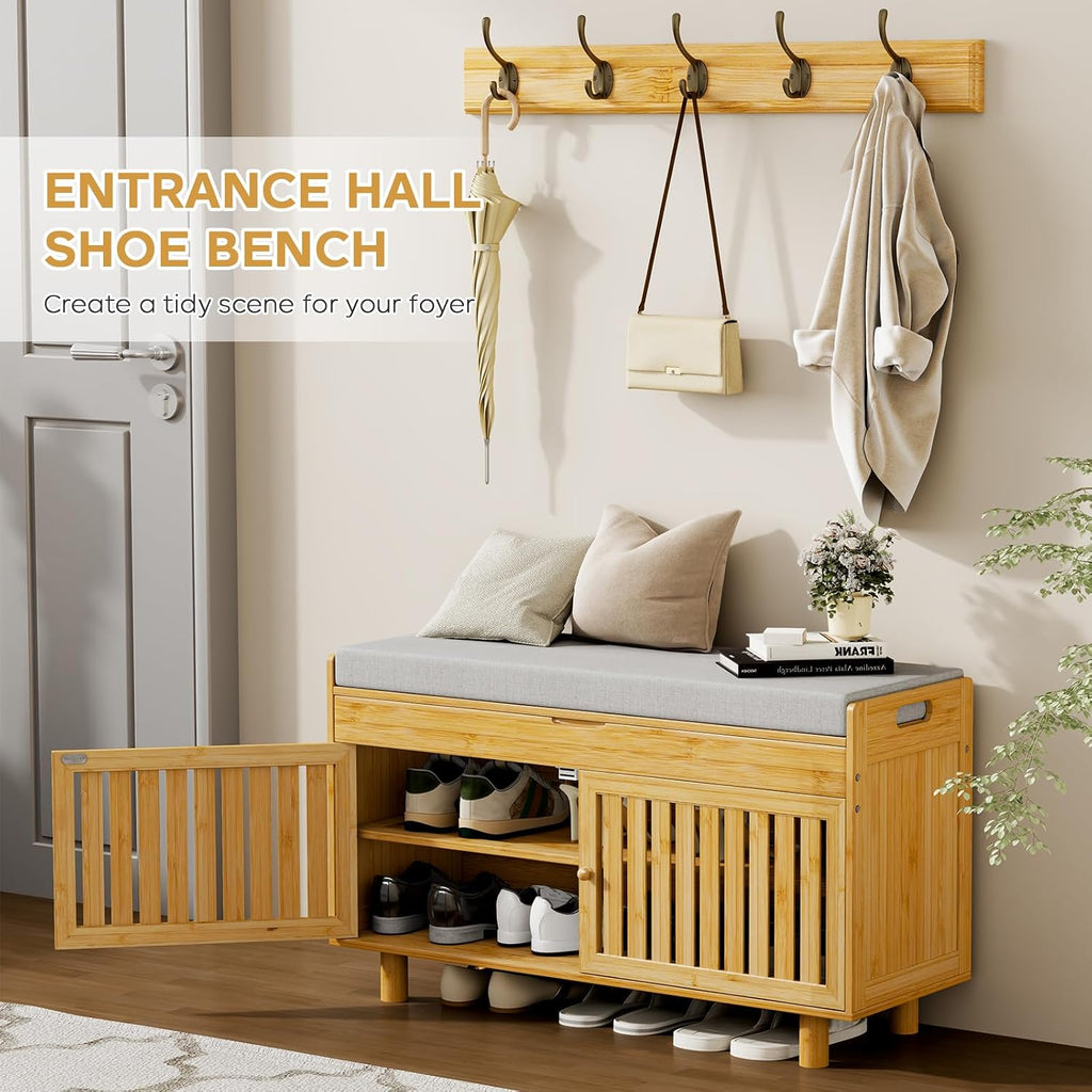 Bamboo Hall Tree Shoe Bench with Hooks